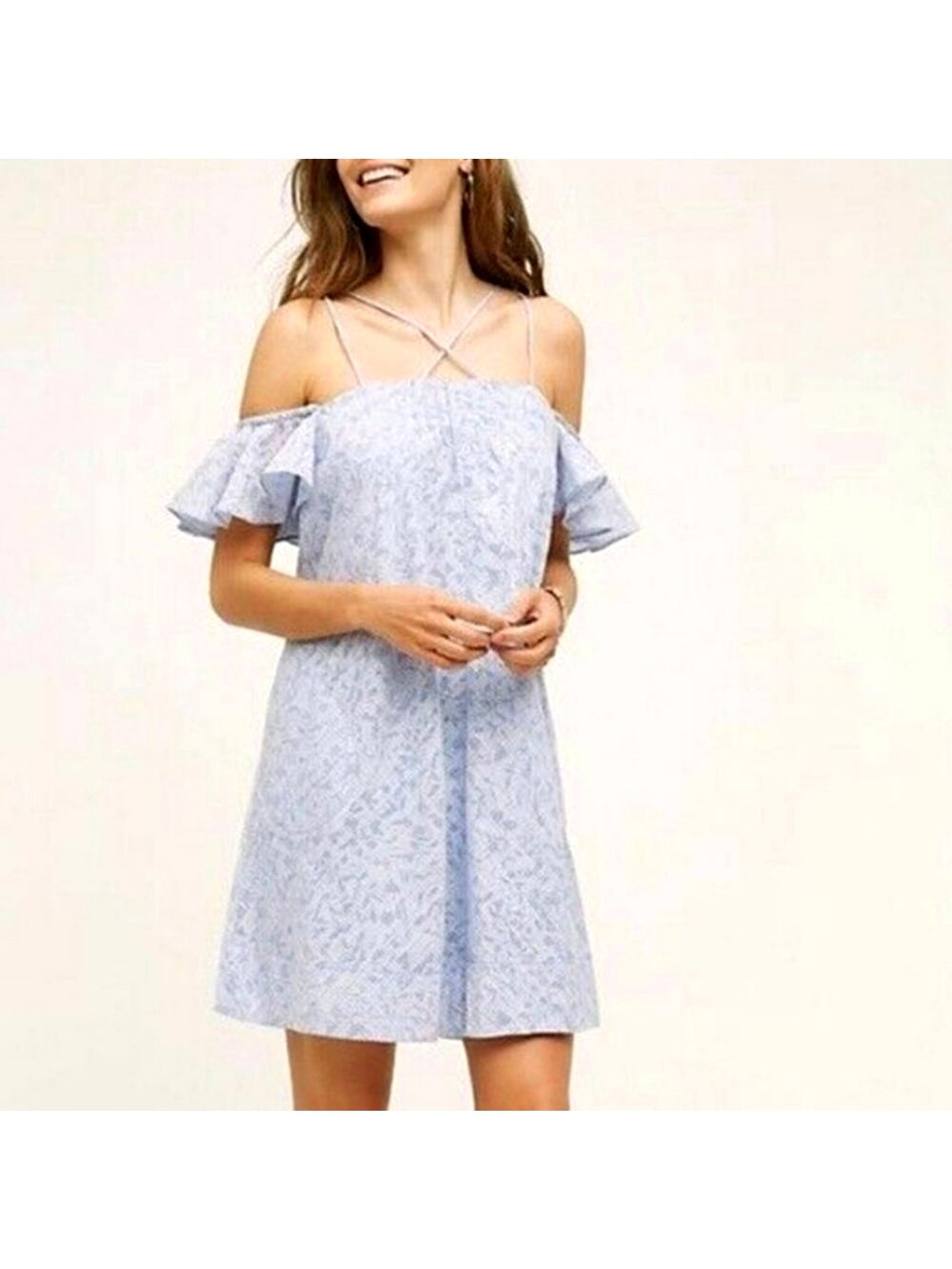 Anthropologie HD in Paris Floral Off Shoulder Mini Dress Blue White S Summer